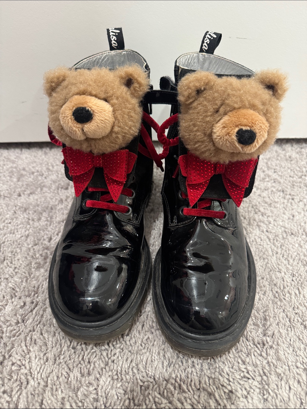 Monnalisa Black Patent Kids Boots With Red Bow & Teddy Faces